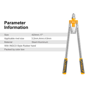 INGCO Hand Riveter | 17" Long Arm Pop Riveter | Heavy Duty for 3.2mm, 4mm & 4.8mm Rivets