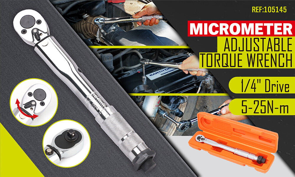 1/4" Drive Click Torque Wrench | 5-25NM Ratchet Spanner | Adjustable Hand Repair