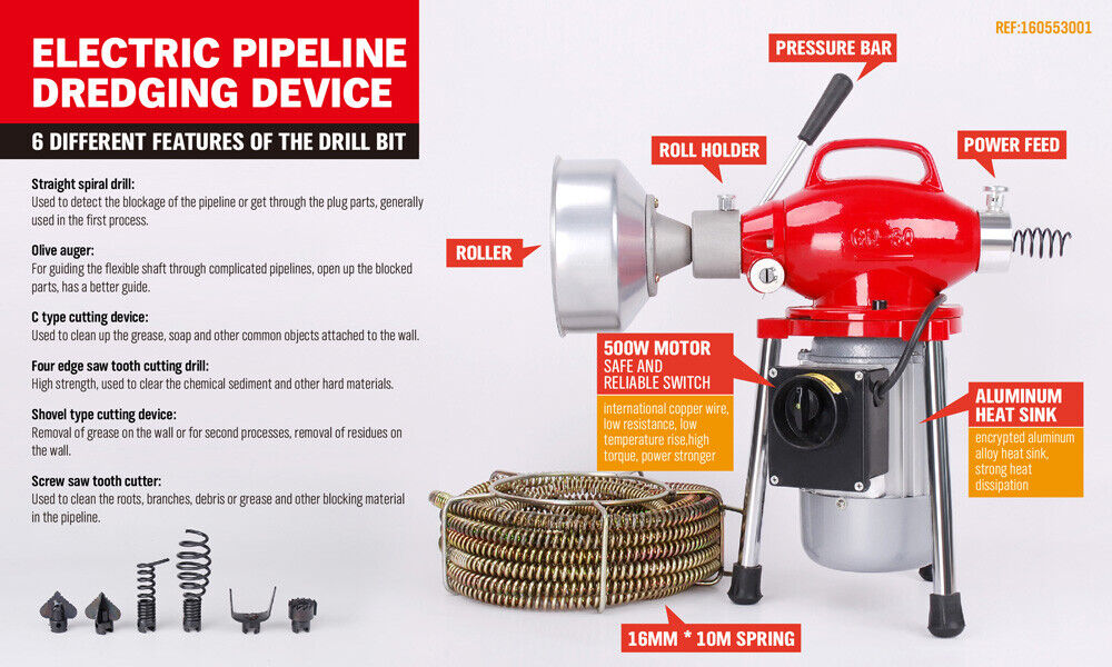 Electric Drain Cleaner | 400RPM Sewage Machine | 10M Coil for Sewer Plumbing Snake Pipe