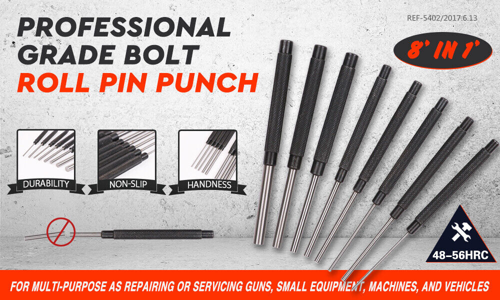 Heavy Duty Long Pin Punch Set | 8-Piece | 2.4 to 10mm Drift Roll Nail Steel Flat End