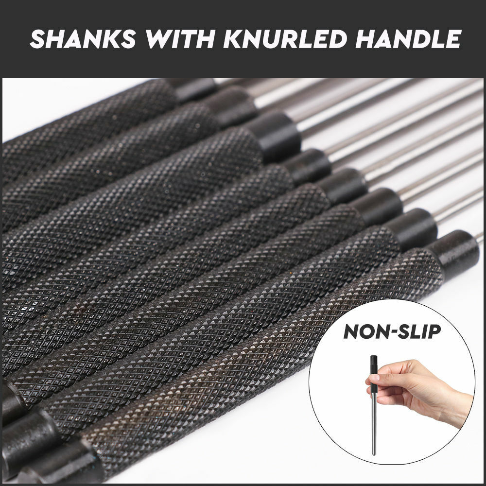 Heavy Duty Long Pin Punch Set | 8-Piece | 2.4 to 10mm Drift Roll Nail Steel Flat End