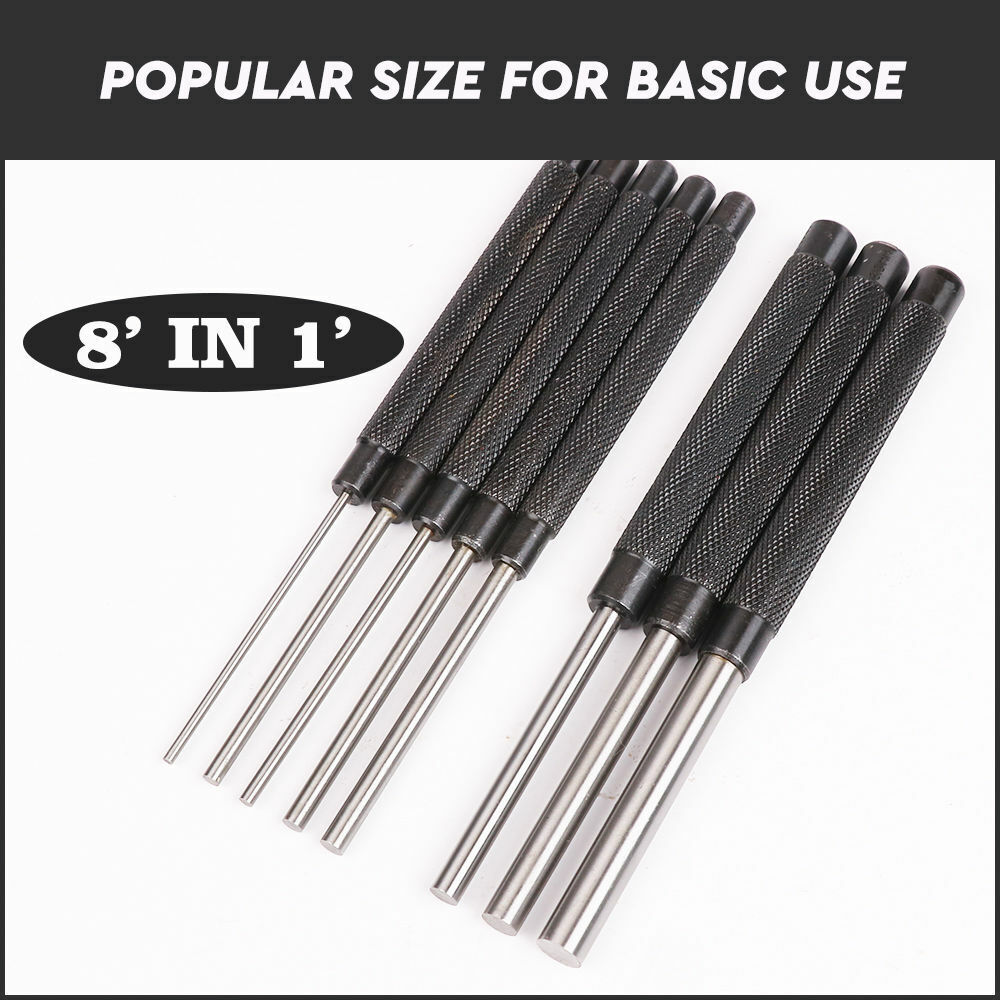 Heavy Duty Long Pin Punch Set | 8-Piece | 2.4 to 10mm Drift Roll Nail Steel Flat End