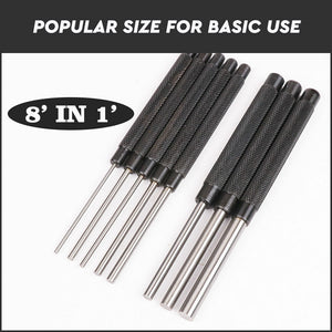 Heavy Duty Long Pin Punch Set | 8-Piece | 2.4 to 10mm Drift Roll Nail Steel Flat End