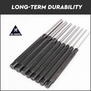 Heavy Duty Long Pin Punch Set | 8-Piece | 2.4 to 10mm Drift Roll Nail Steel Flat End