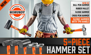 Hammer Set | 5-Piece | Rubber, Ball Pein, Sledge, Cross Pein Mallet with TPR Grip Handles
