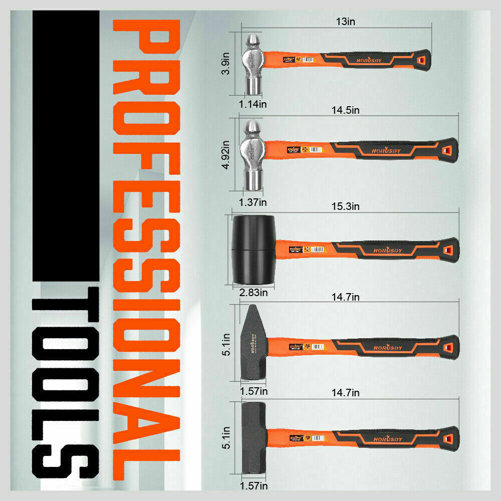 Hammer Set | 5-Piece | Rubber, Ball Pein, Sledge, Cross Pein Mallet with TPR Grip Handles