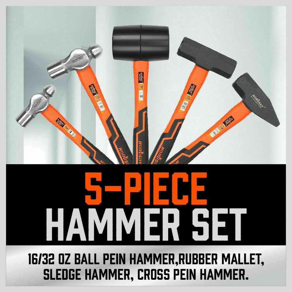 Hammer Set | 5-Piece | Rubber, Ball Pein, Sledge, Cross Pein Mallet with TPR Grip Handles