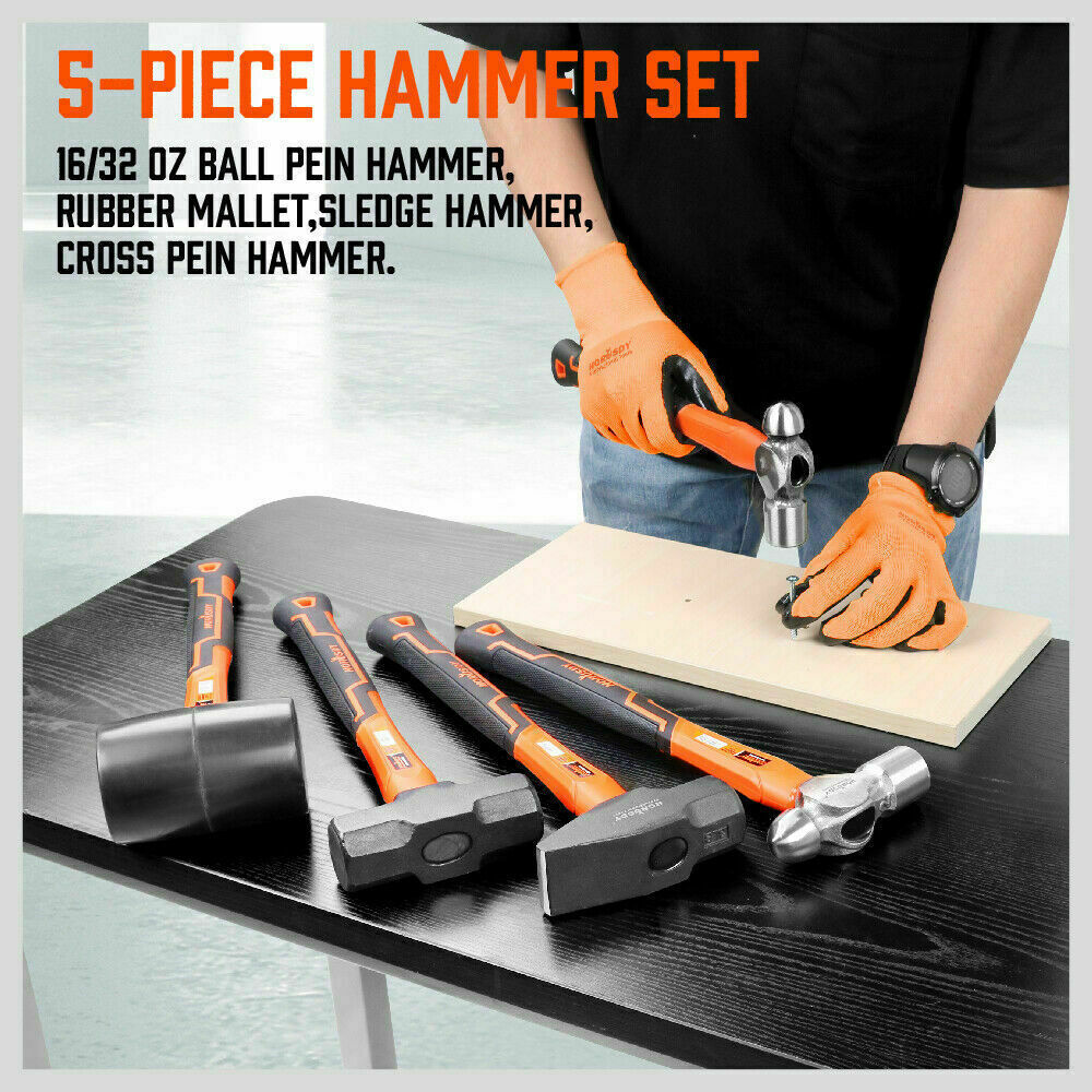 Hammer Set | 5-Piece | Rubber, Ball Pein, Sledge, Cross Pein Mallet with TPR Grip Handles