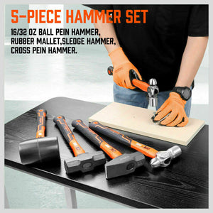 Hammer Set | 5-Piece | Rubber, Ball Pein, Sledge, Cross Pein Mallet with TPR Grip Handles