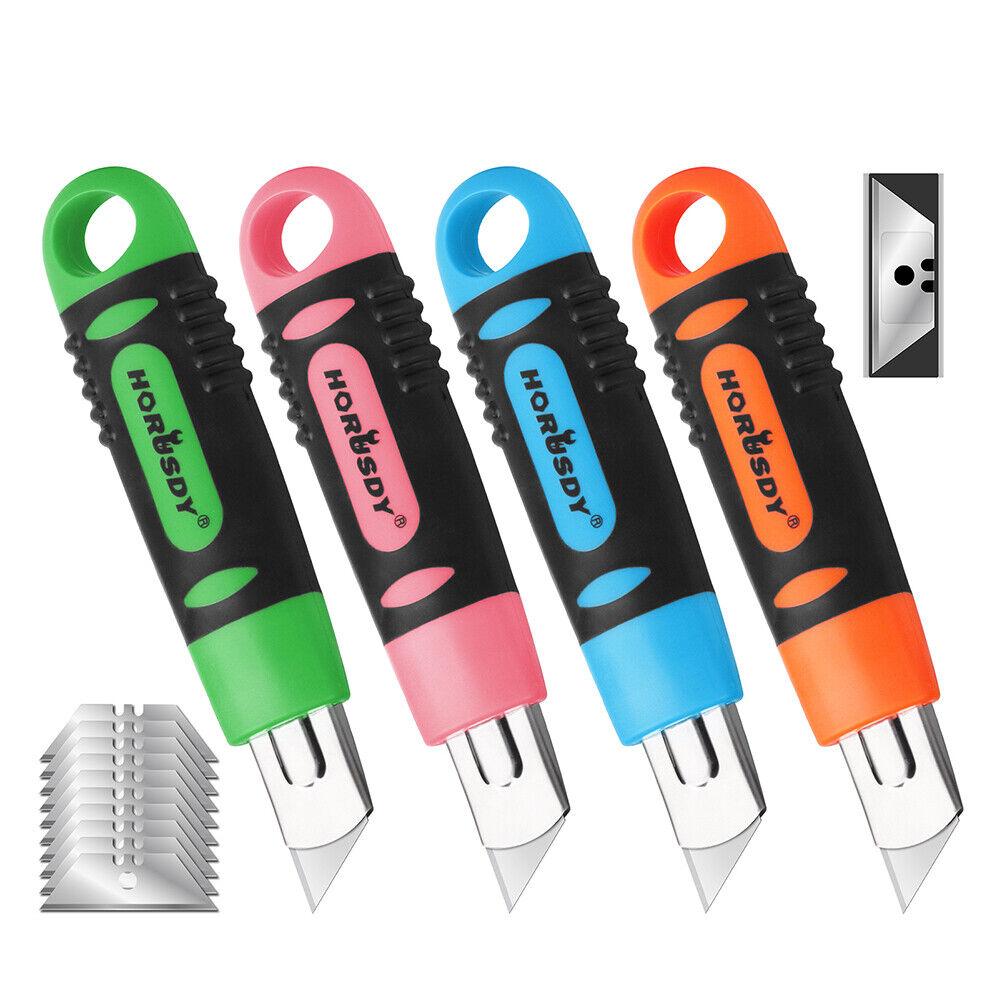 Box Cutter Utility Knife Set | 4-Piece | Snap-Off Retractable Grip Handle | 10 Spare Blades