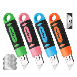 Box Cutter Utility Knife Set | 4-Piece | Snap-Off Retractable Grip Handle | 10 Spare Blades