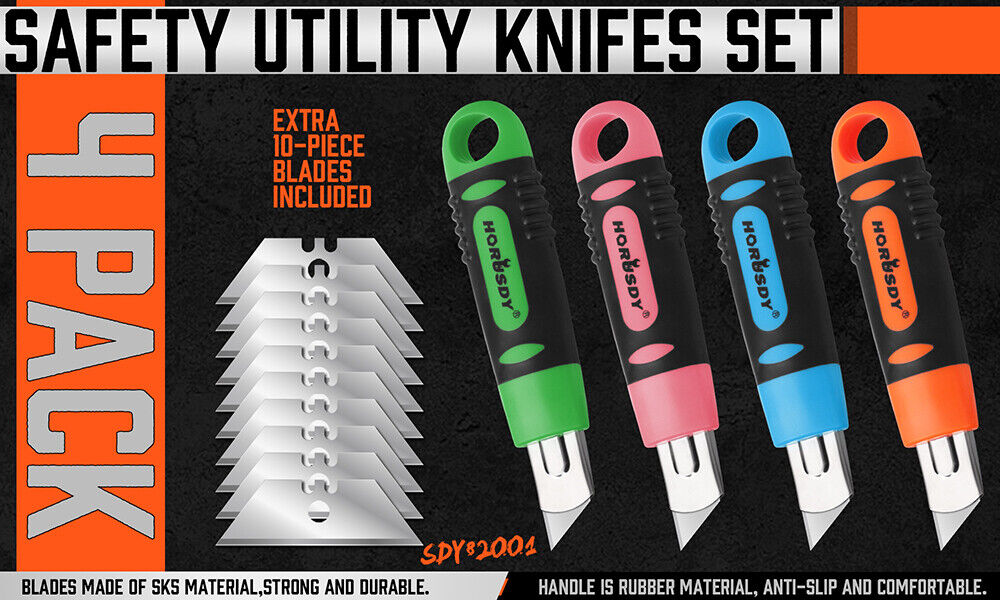 Box Cutter Utility Knife Set | 4-Piece | Snap-Off Retractable Grip Handle | 10 Spare Blades