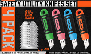 Box Cutter Utility Knife Set | 4-Piece | Snap-Off Retractable Grip Handle | 10 Spare Blades