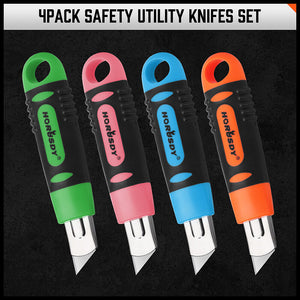 Box Cutter Utility Knife Set | 4-Piece | Snap-Off Retractable Grip Handle | 10 Spare Blades