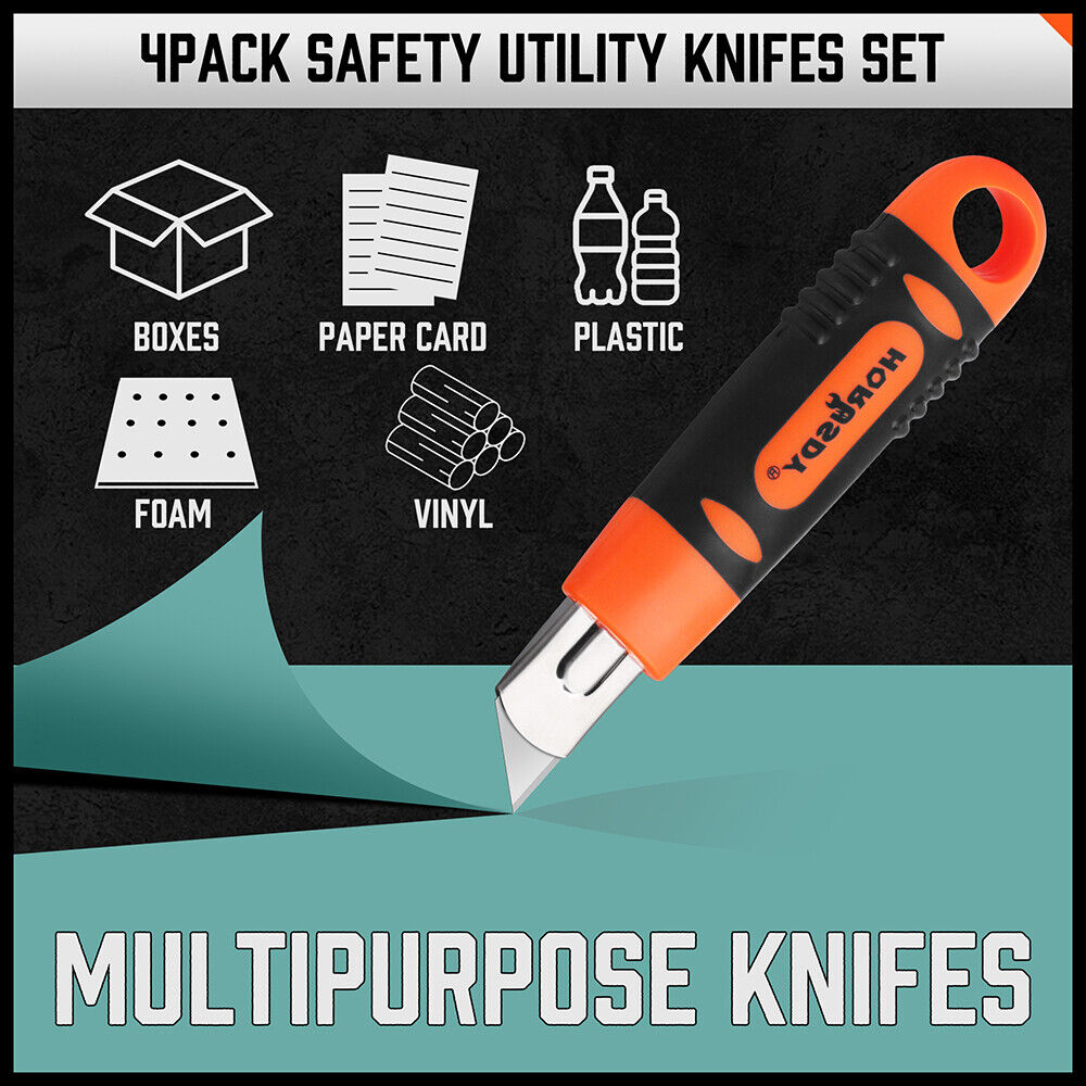 Box Cutter Utility Knife Set | 4-Piece | Snap-Off Retractable Grip Handle | 10 Spare Blades