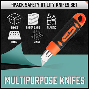 Box Cutter Utility Knife Set | 4-Piece | Snap-Off Retractable Grip Handle | 10 Spare Blades