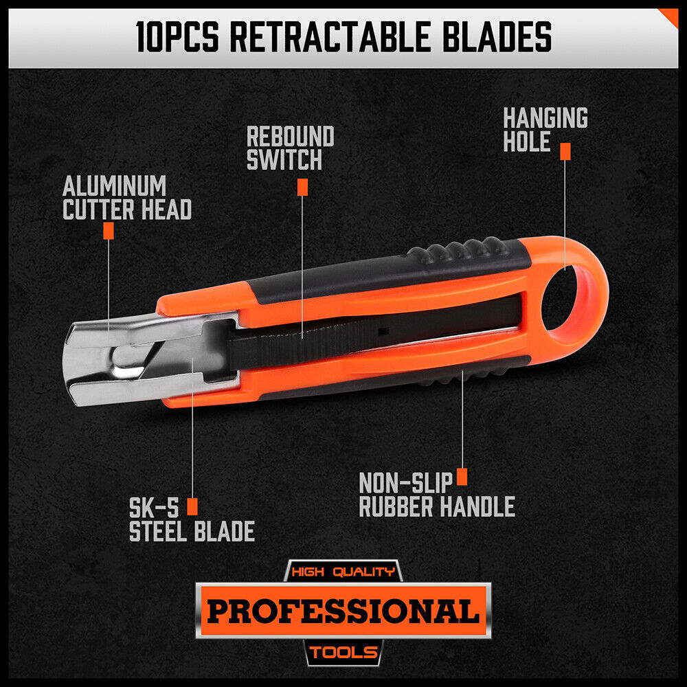 Box Cutter Utility Knife Set | 4-Piece | Snap-Off Retractable Grip Handle | 10 Spare Blades