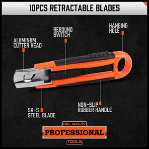 Box Cutter Utility Knife Set | 4-Piece | Snap-Off Retractable Grip Handle | 10 Spare Blades