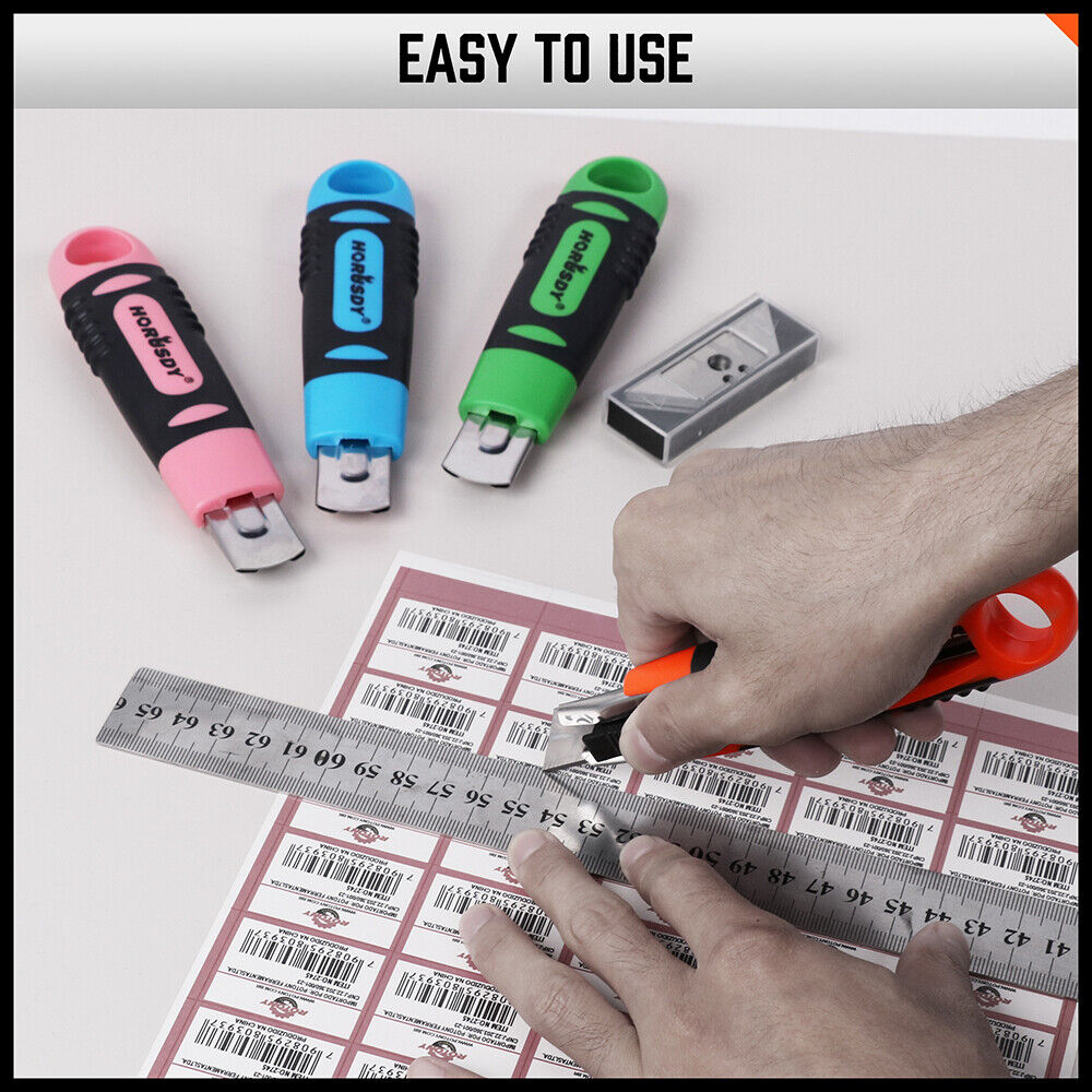 Box Cutter Utility Knife Set | 4-Piece | Snap-Off Retractable Grip Handle | 10 Spare Blades