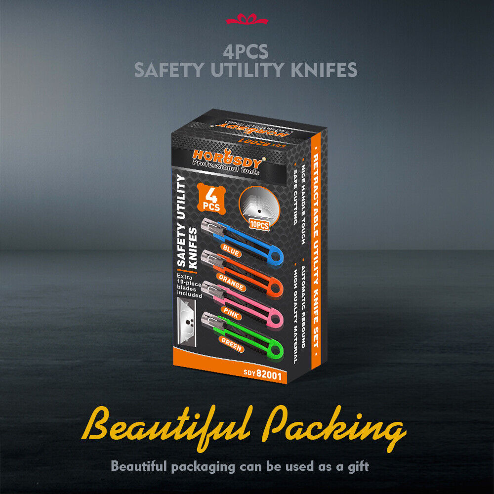 Box Cutter Utility Knife Set | 4-Piece | Snap-Off Retractable Grip Handle | 10 Spare Blades