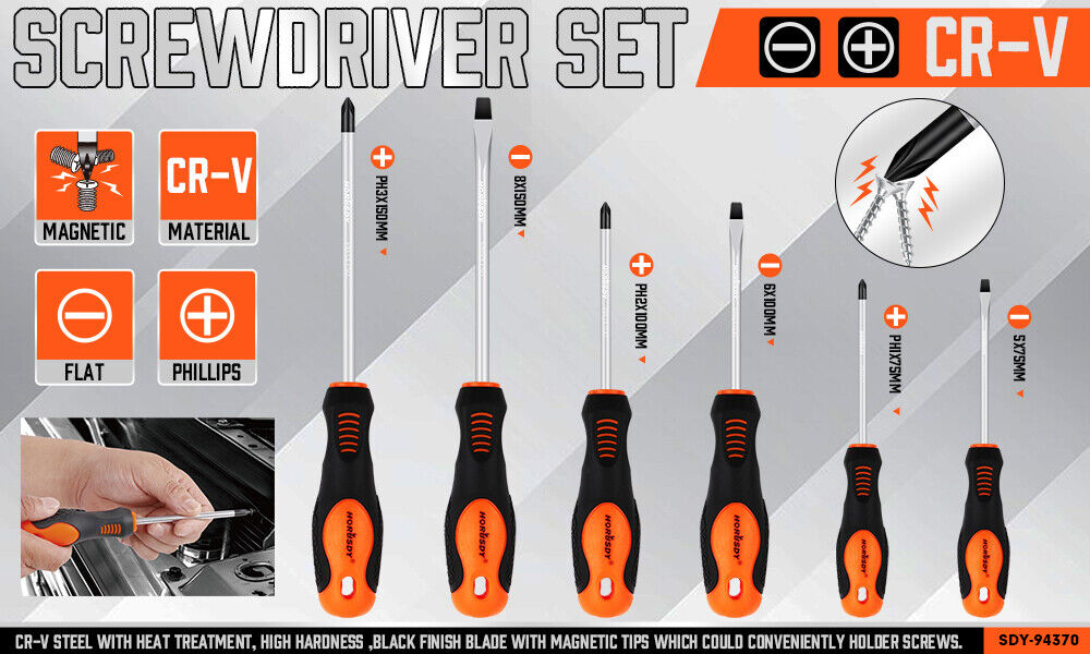HORUSDY Magnetic Screwdriver Set | 6-Piece | Non-Slip Handle | Phillips & Slotted Tools