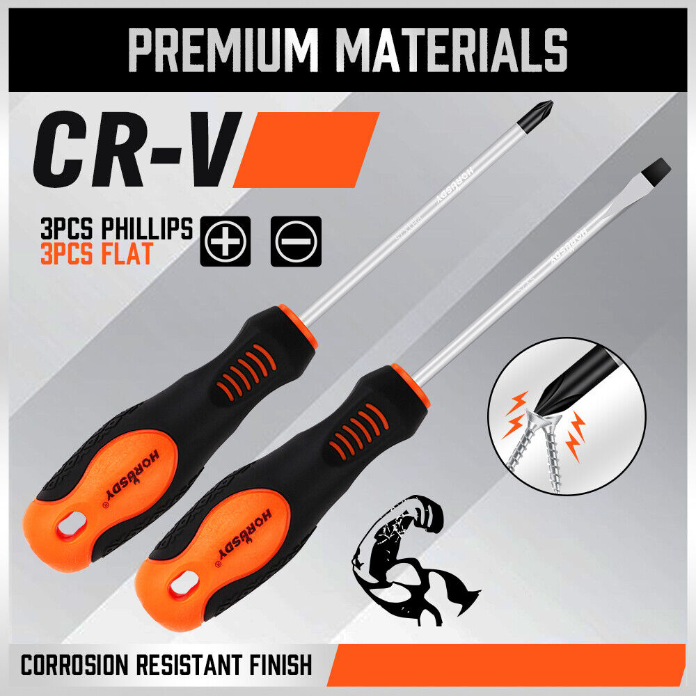 HORUSDY Magnetic Screwdriver Set | 6-Piece | Non-Slip Handle | Phillips & Slotted Tools