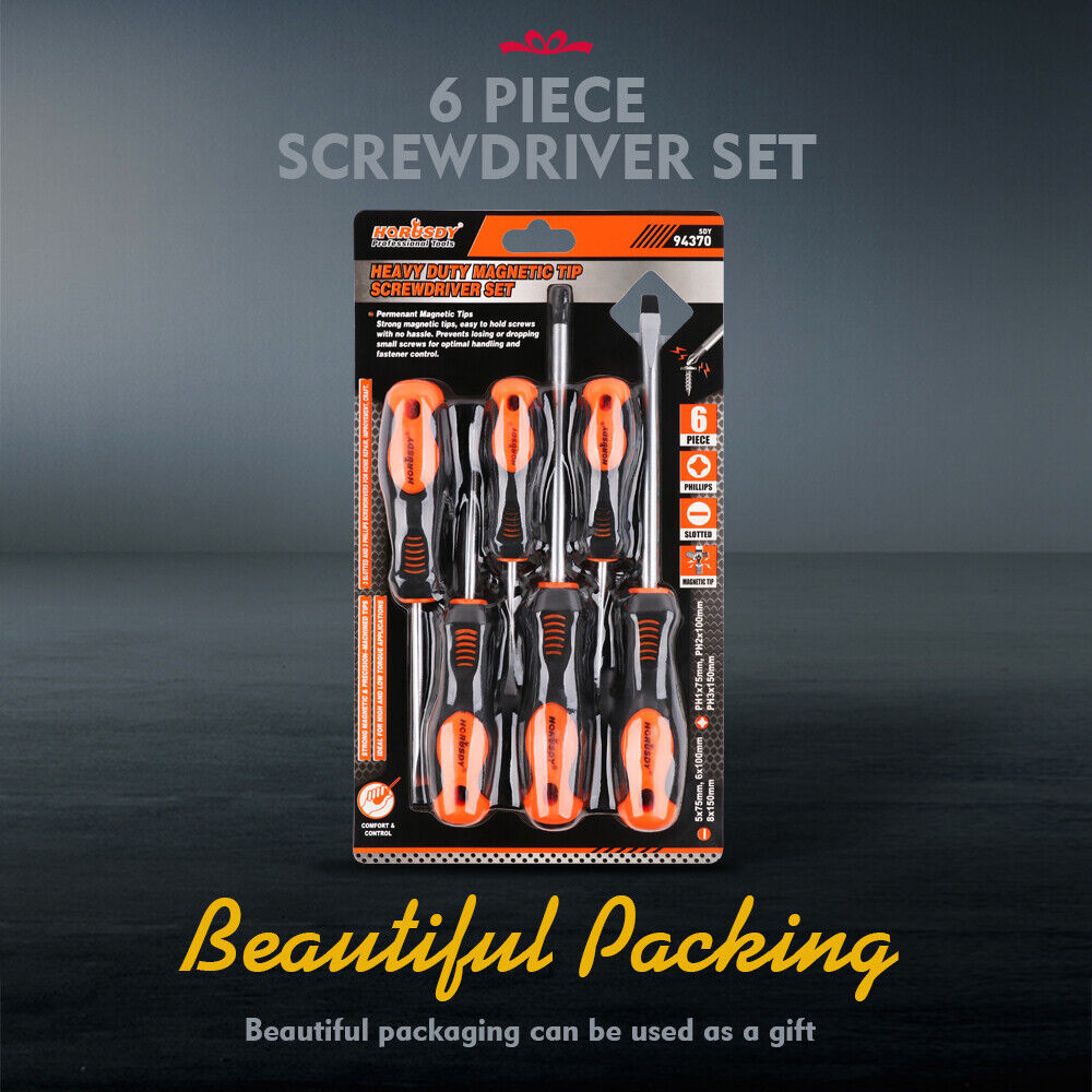 HORUSDY Magnetic Screwdriver Set | 6-Piece | Non-Slip Handle | Phillips & Slotted Tools