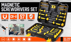 Magnetic Screwdriver Set | 57-Piece | Slotted Phillips Hex Pozidriv Torx Key Bits | Hand Tool Kit