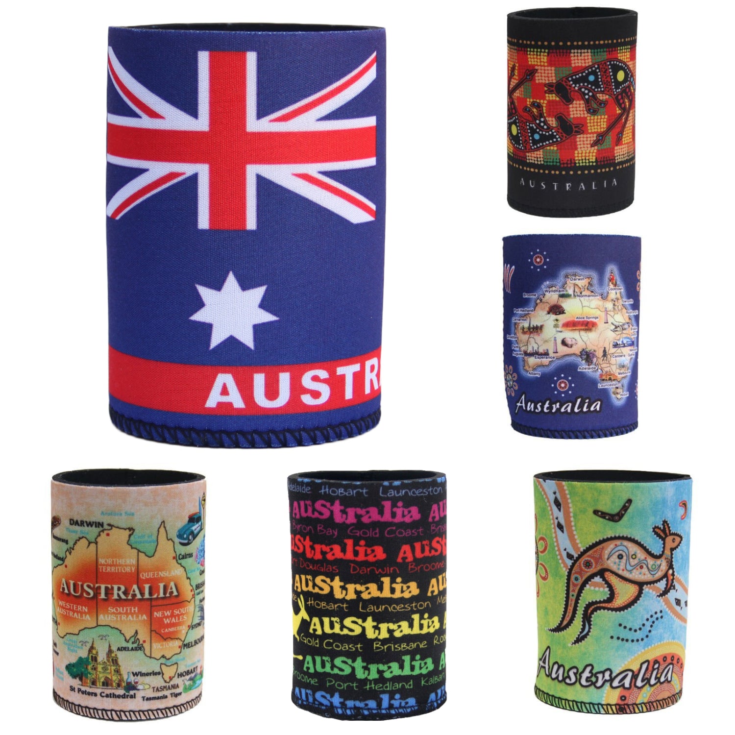 6x Australia Stubby Holder | Beer Bottle & Can Cooler | Mixed Designs | Drinkware Gift