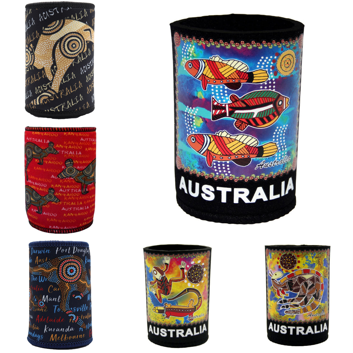 6x Australia Stubby Holder | Beer Bottle & Can Cooler | Aboriginal Art Design | Drinkware Gift