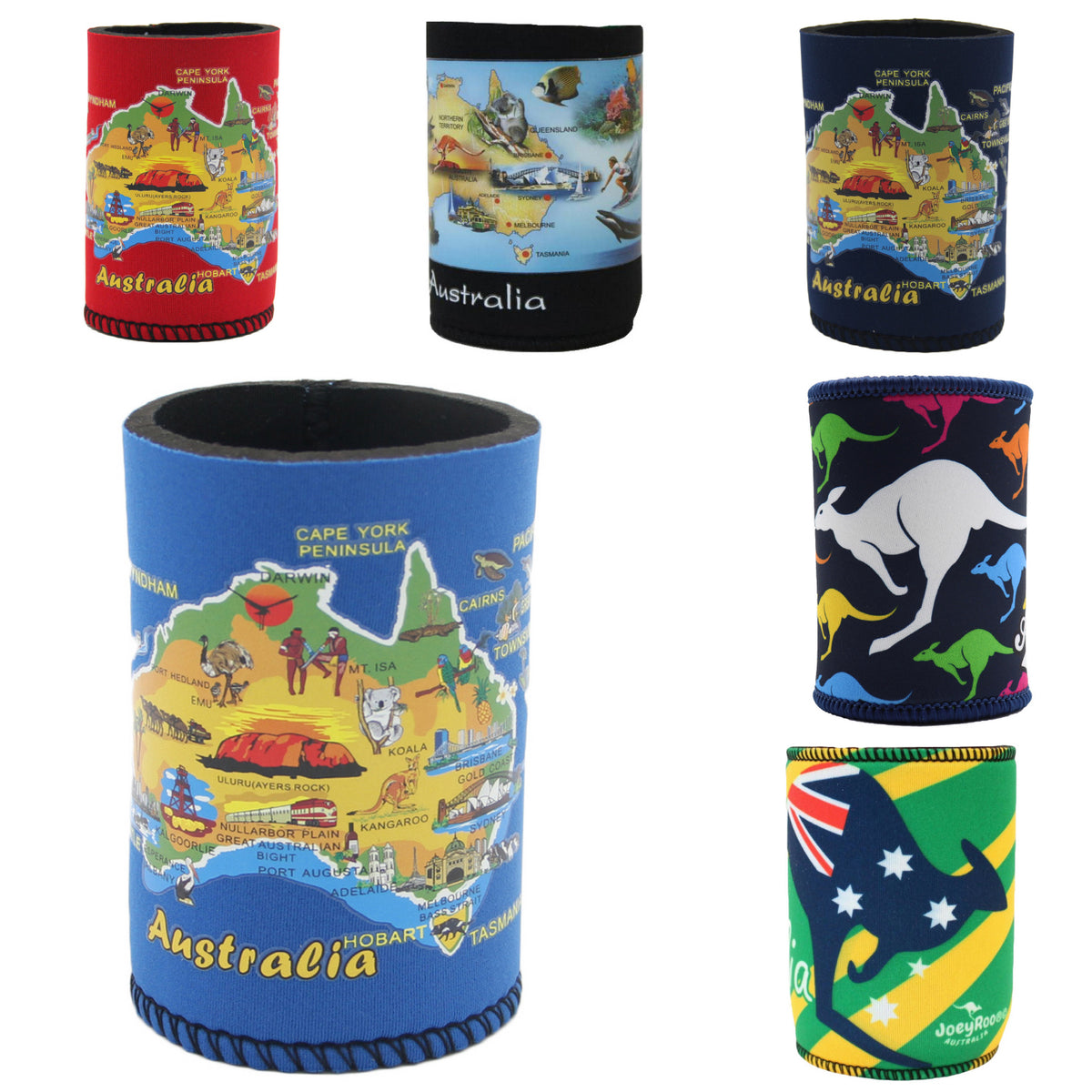 6x Australia Stubby Holder | Beer Bottle & Can Cooler | Mixed Map Designs | Drinkware Gift