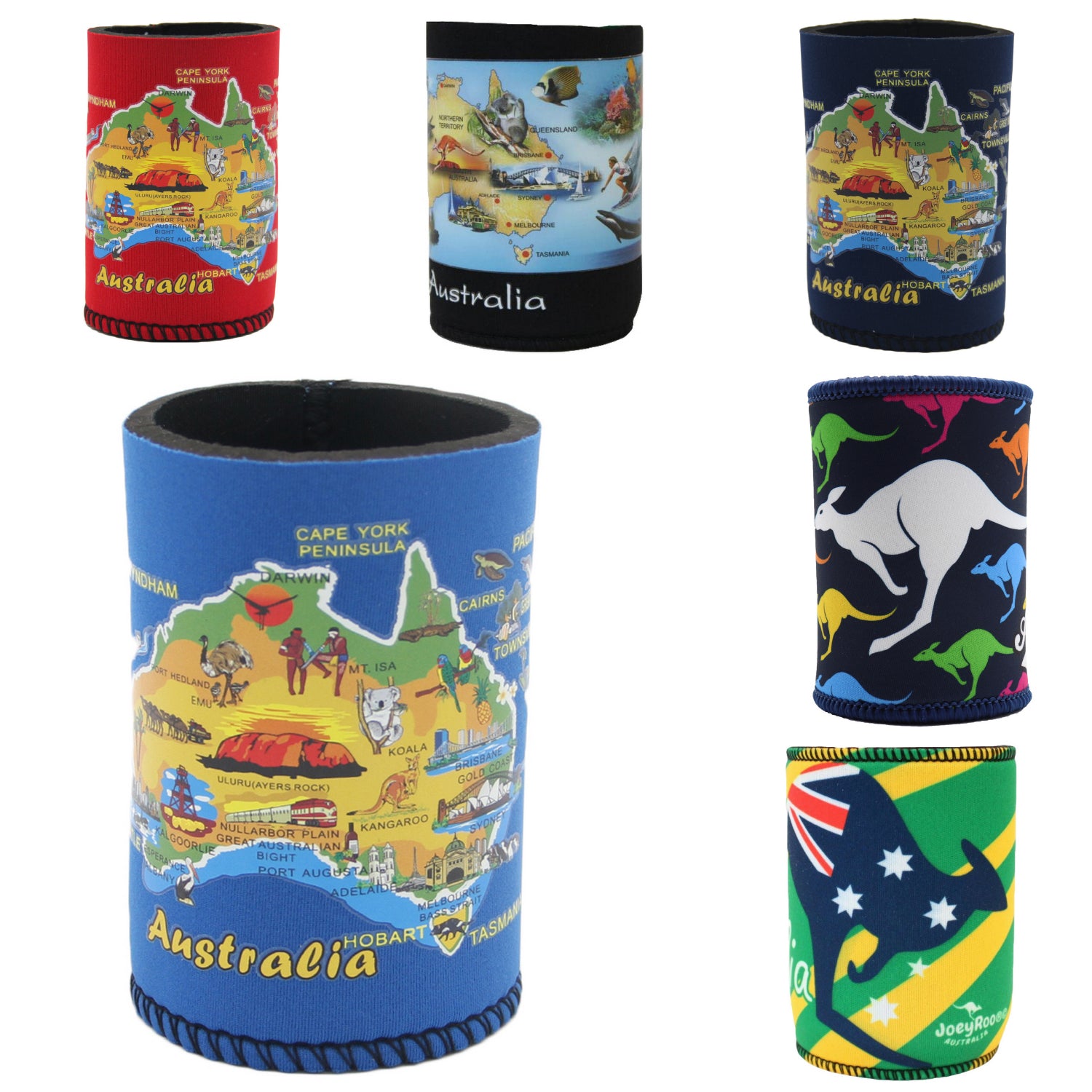 6x Australia Stubby Holder | Beer Bottle & Can Cooler | Mixed Map Designs | Drinkware Gift