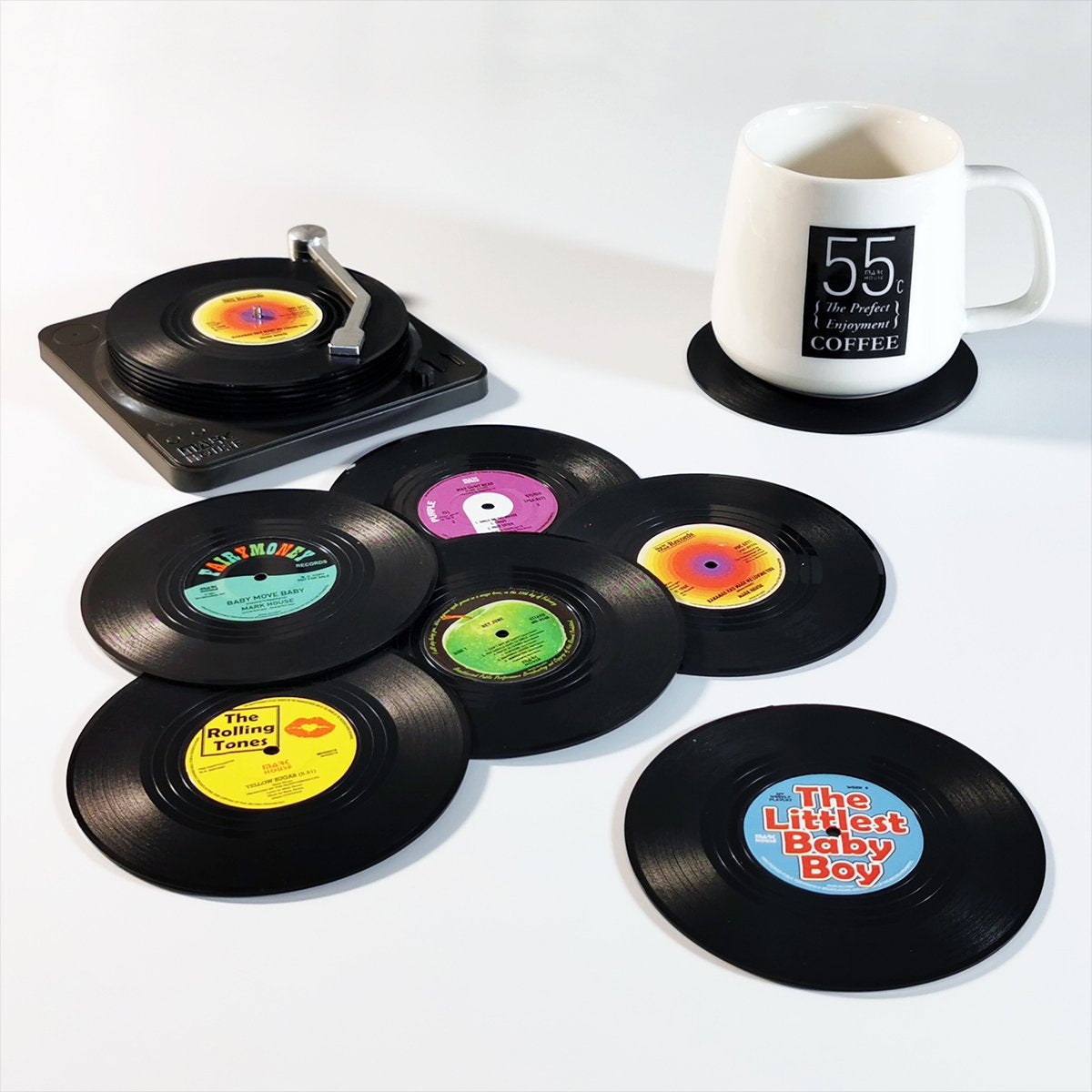 Creative Vinyl Record Cup Coasters | 6 Pcs Set with Record Player Holder | Tableware Home Décor | Design A