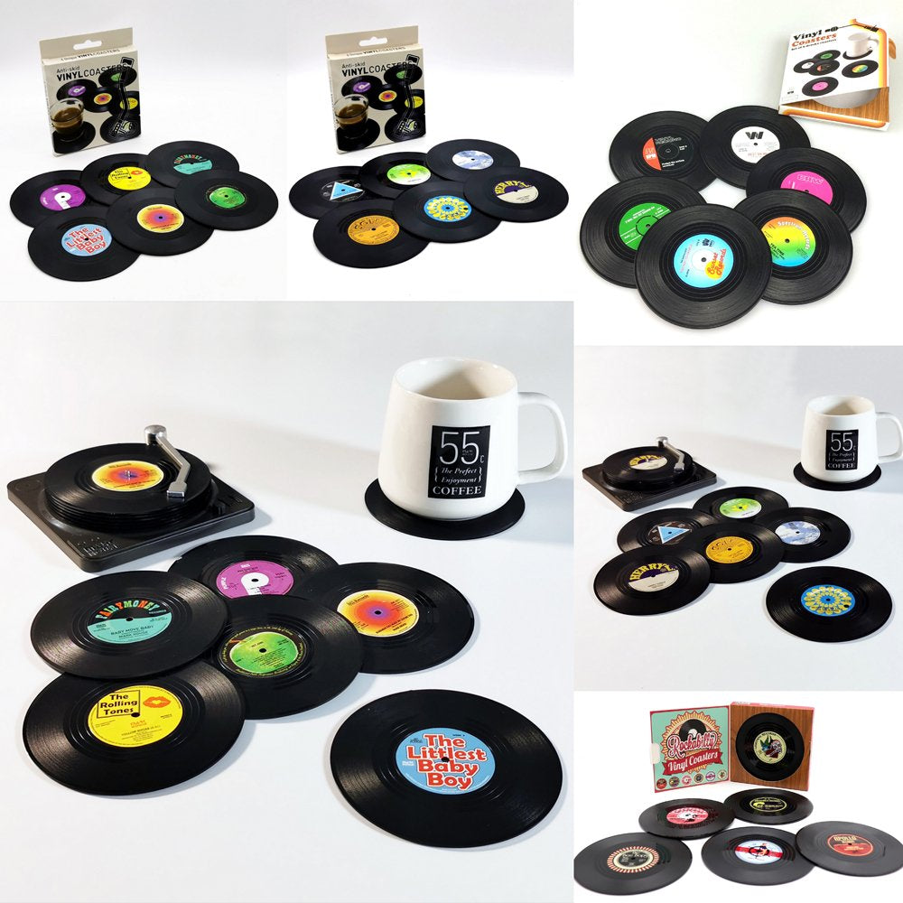 Creative Vinyl Record Cup Coasters | 6 Pcs Set with Record Player Holder | Tableware Home Décor | Design A