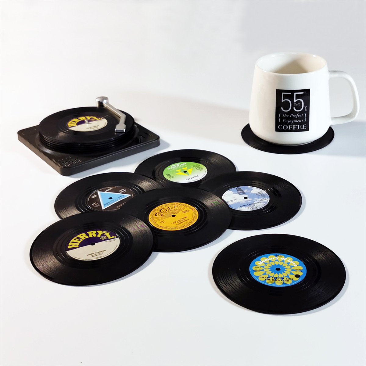 Creative Vinyl Record Cup Coasters | 6 Pcs Set with Record Player Holder | Tableware Home Décor | Design B