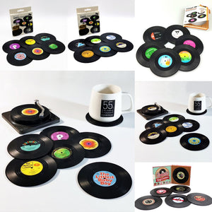 Creative Vinyl Record Cup Coasters | 6 Pcs Set with Record Player Holder | Tableware Home Décor | Design B