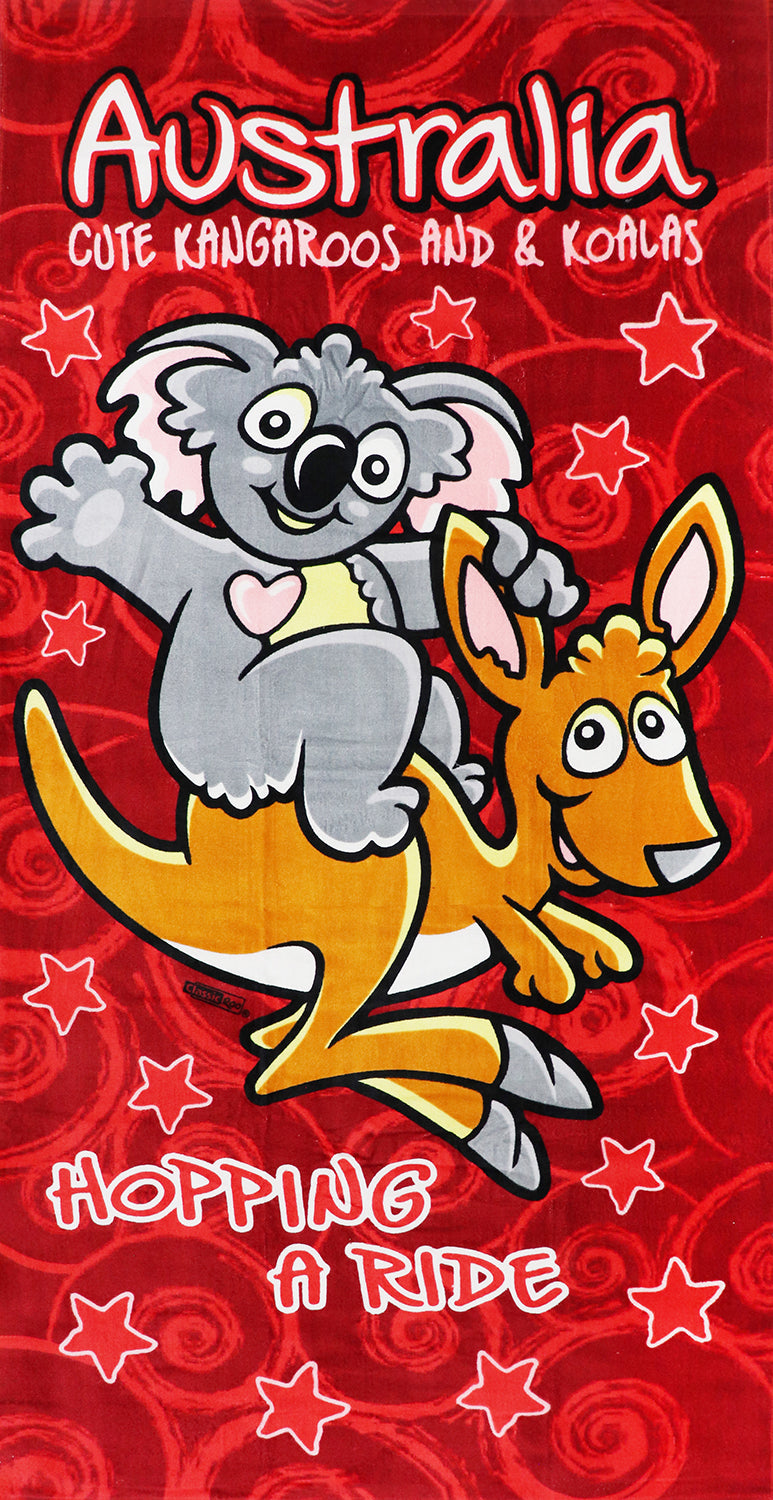 100% Cotton | Australian Souvenir Aussie Kangaroos Flag Soft Beach Bath Towel | Gift | Kangaroos & Koalas
