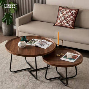 Removable Set of 2 Round Coffee Tables | Walnut Nesting Side End Table