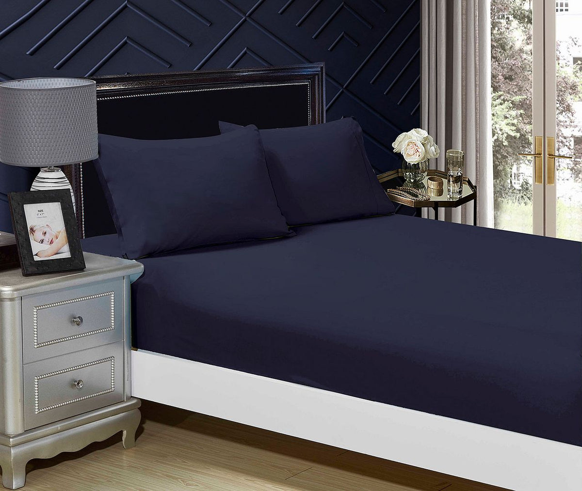 1000TC Ultra Soft Fitted Sheet & 2 Pillowcases Set | King Size Bed | Midnight Blue