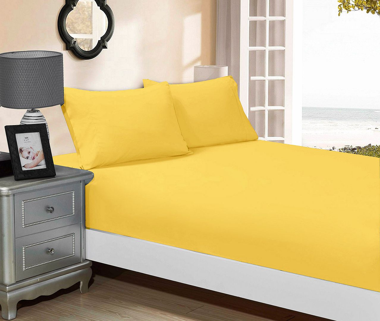 1000TC Ultra Soft Fitted Sheet & 2 Pillowcases Set | King Size Bed | Yellow