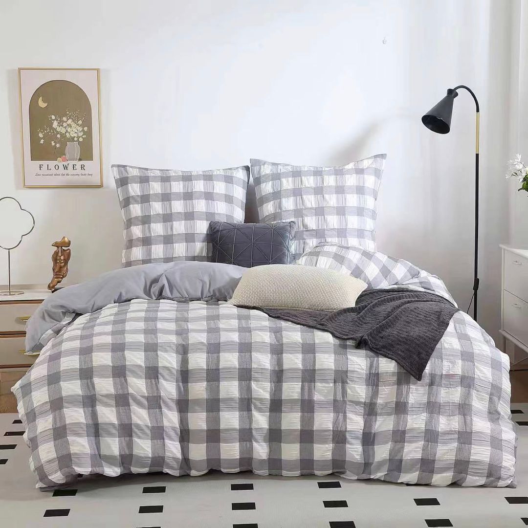 Rylee Grey Check Seersucker Quilt Cover Set | King Size