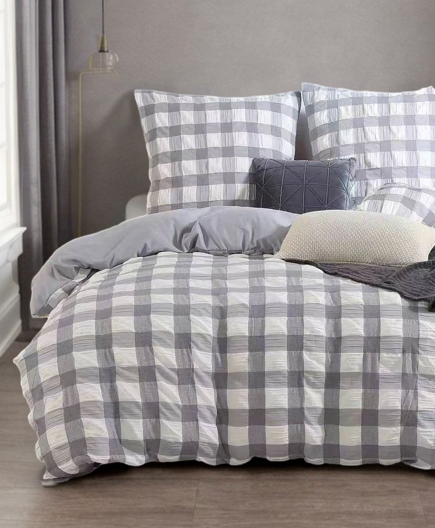 Rylee Grey Check Seersucker Quilt Cover Set | King Size