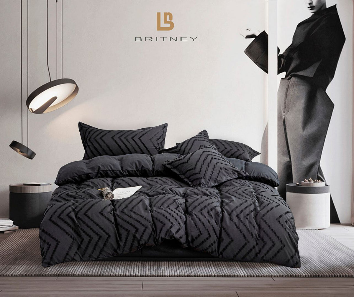 Tufted Boho Wave Jacquard | King Size | Black | Duvet Quilt Cover Set