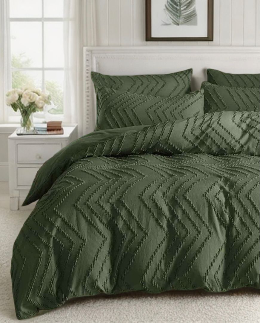 Tufted Boho Wave Jacquard Quilt Cover Set | Dark Green | Queen Size