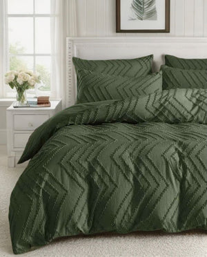 Tufted Boho Wave Jacquard Quilt Cover Set | Dark Green | Queen Size