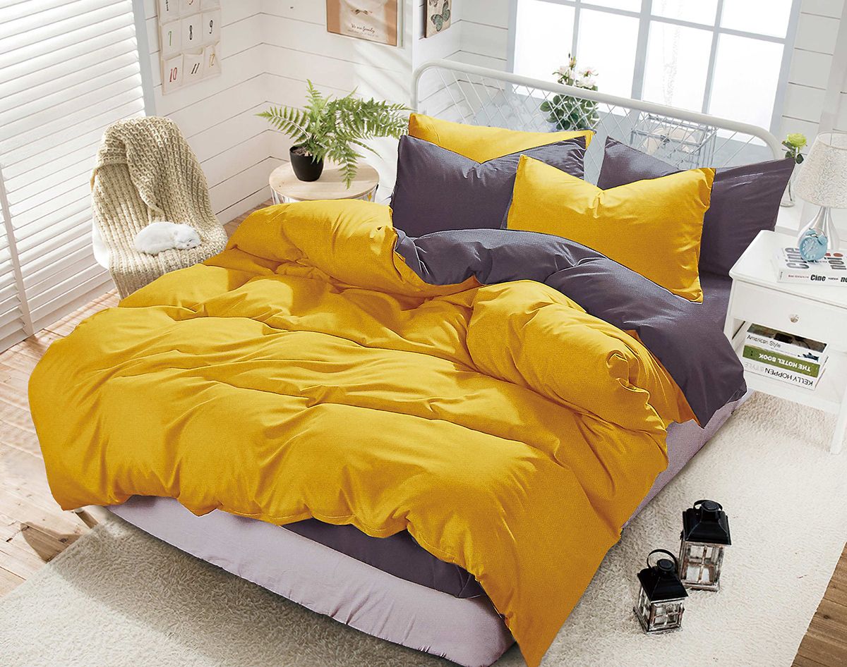1000TC | Reversible | Queen Size | Yellow & Grey | Duvet Quilt Cover Set