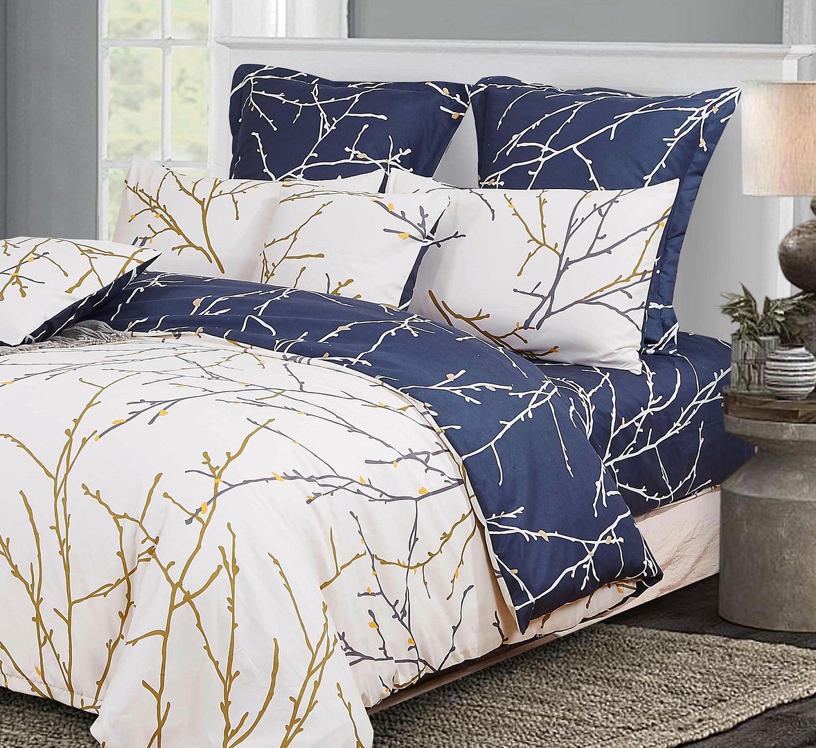 Tree | Reversible | King Size | Bed Quilt/Duvet Cover Set | Beige