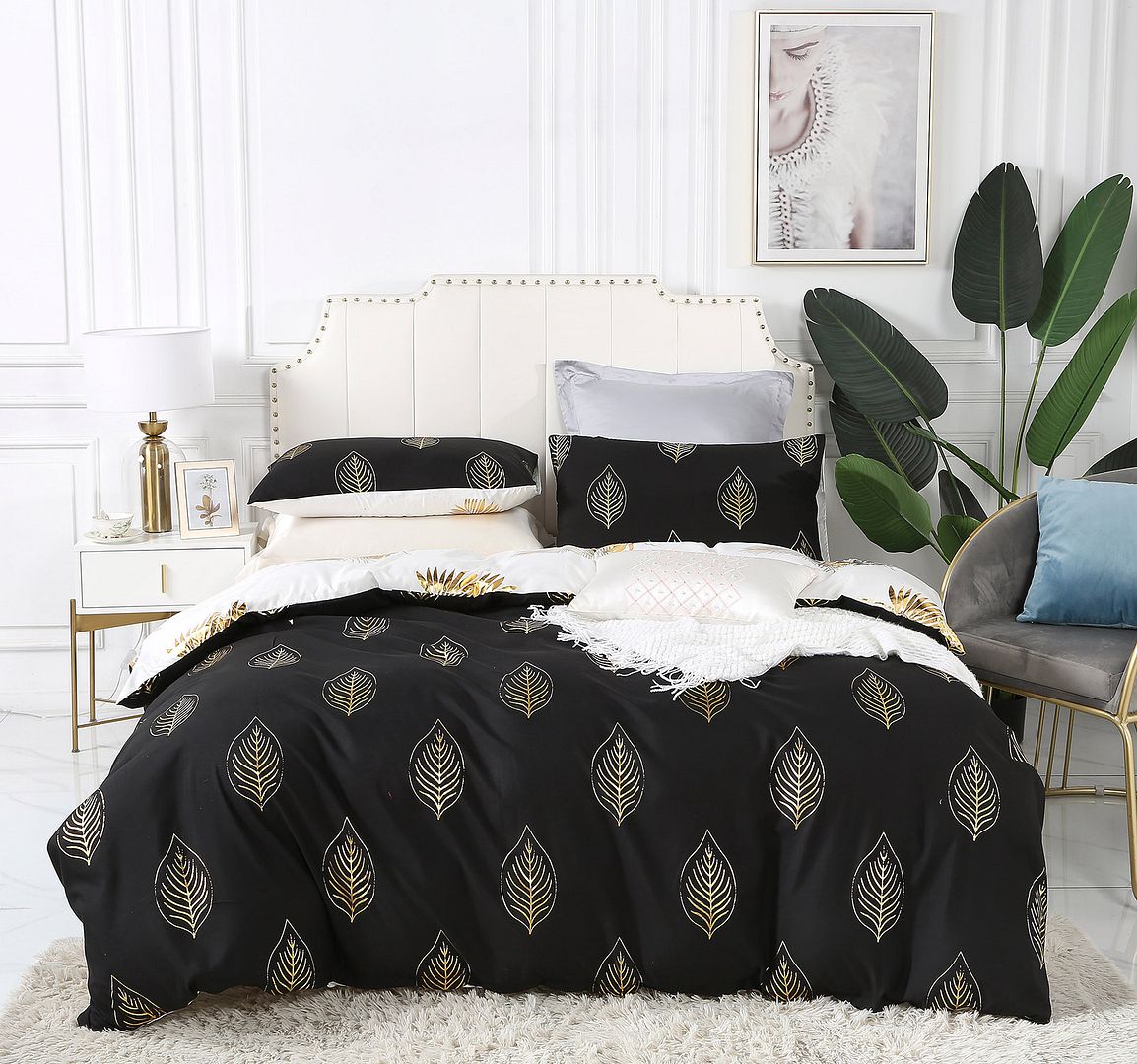 Reversible Design | King Size | Black & Gold | Duvet Quilt Cover Set