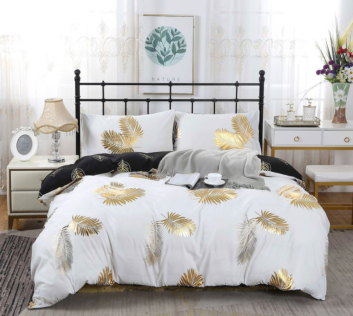 Reversible Design | Leaves | Queen Size | Bed Quilt/Duvet Cover Set