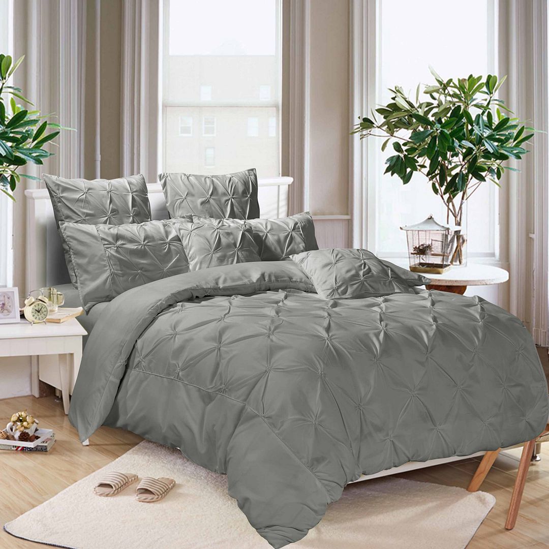 Diamond Pintuck | Super King Size | Grey | Duvet Quilt Cover Set
